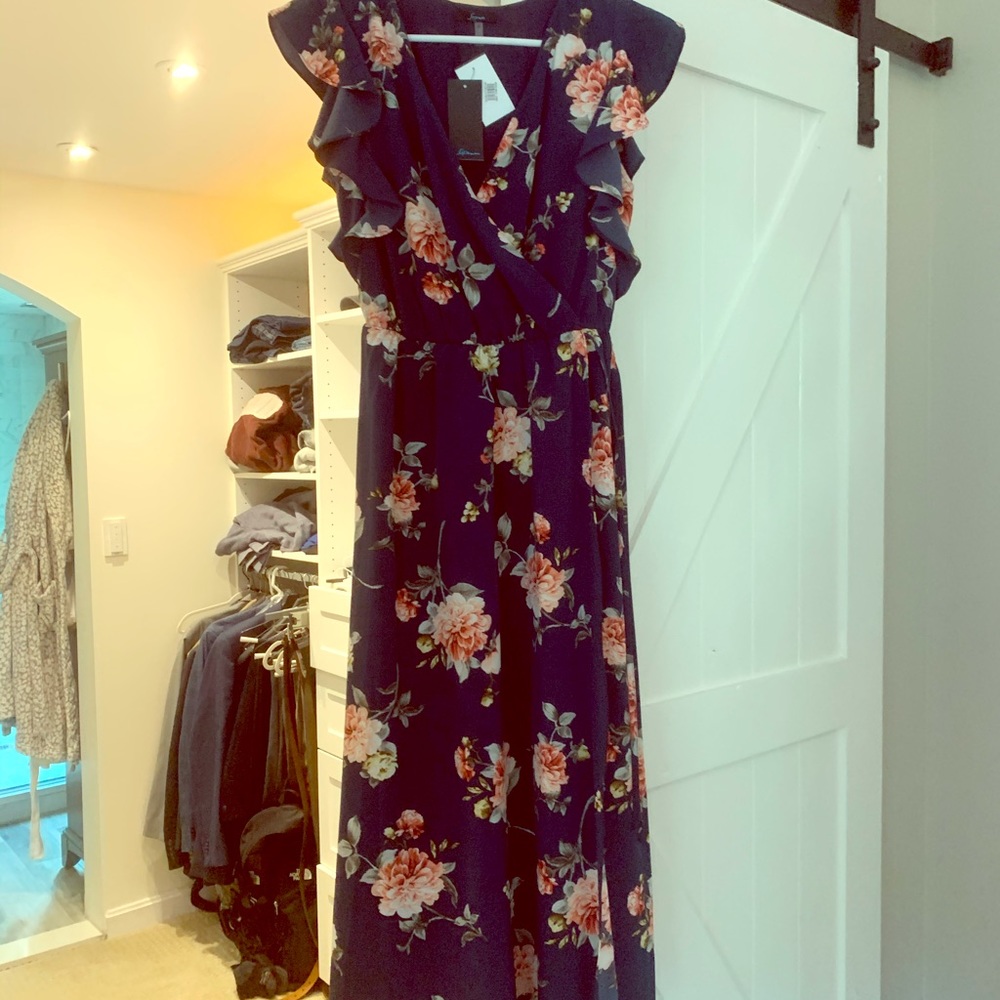 NWT striped navy blue floral faux wrap dress